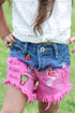 Close up-"Cherry, Flamingo, and Fries" Embroidered Distressed Girls Shorts