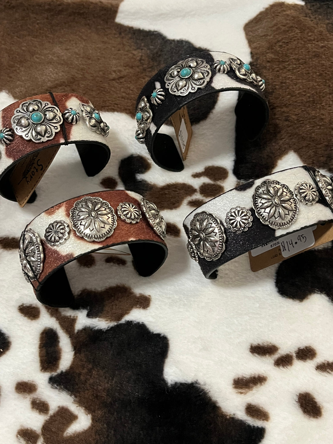 Collective View-Cow Print Cuff Bracelets with Concho Accents