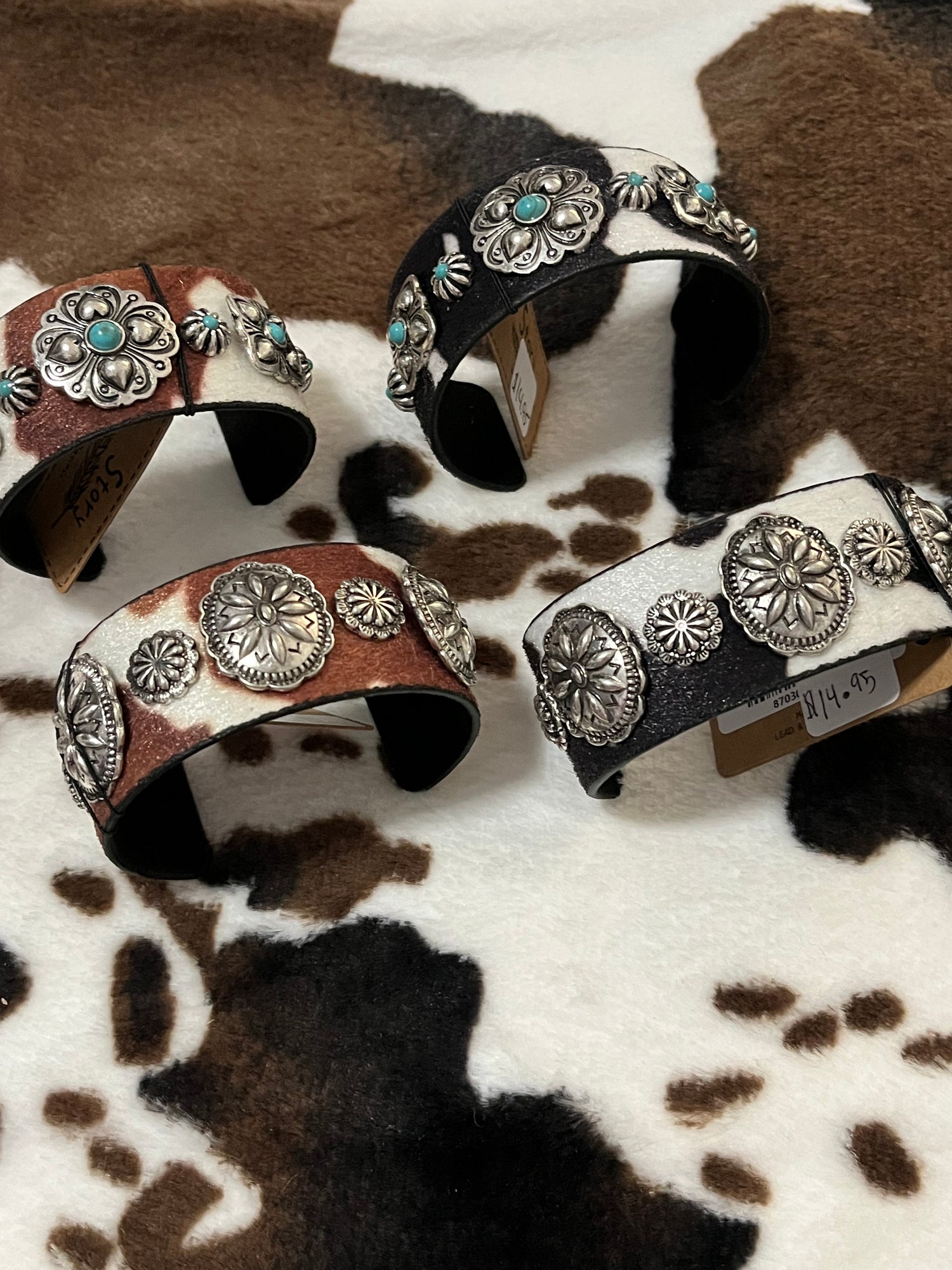 Collective View-Cow Print Cuff Bracelets with Concho Accents