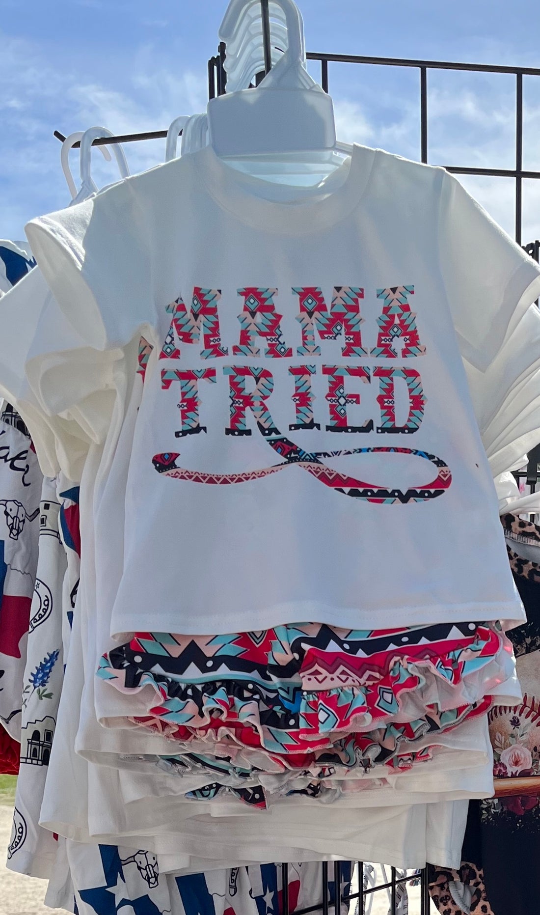 Girls Mama Tried Aztec Print Tee with Aztec Print Shorts with Ruffled Hem