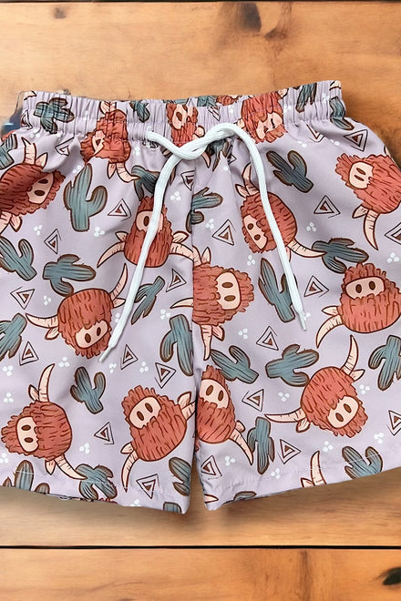 Boys Highland Cow and Cactus Printed Trunks
