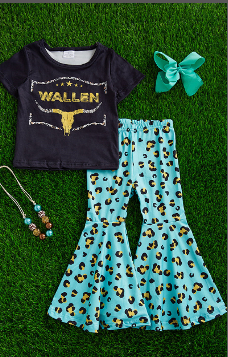 Girls &quot;Wallen&quot; Black Tee with Bull Skull and Teal Cheetah Print Bellbottom Set