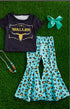 Girls "Wallen" Black Tee with Bull Skull and Teal Cheetah Print Bellbottom Set