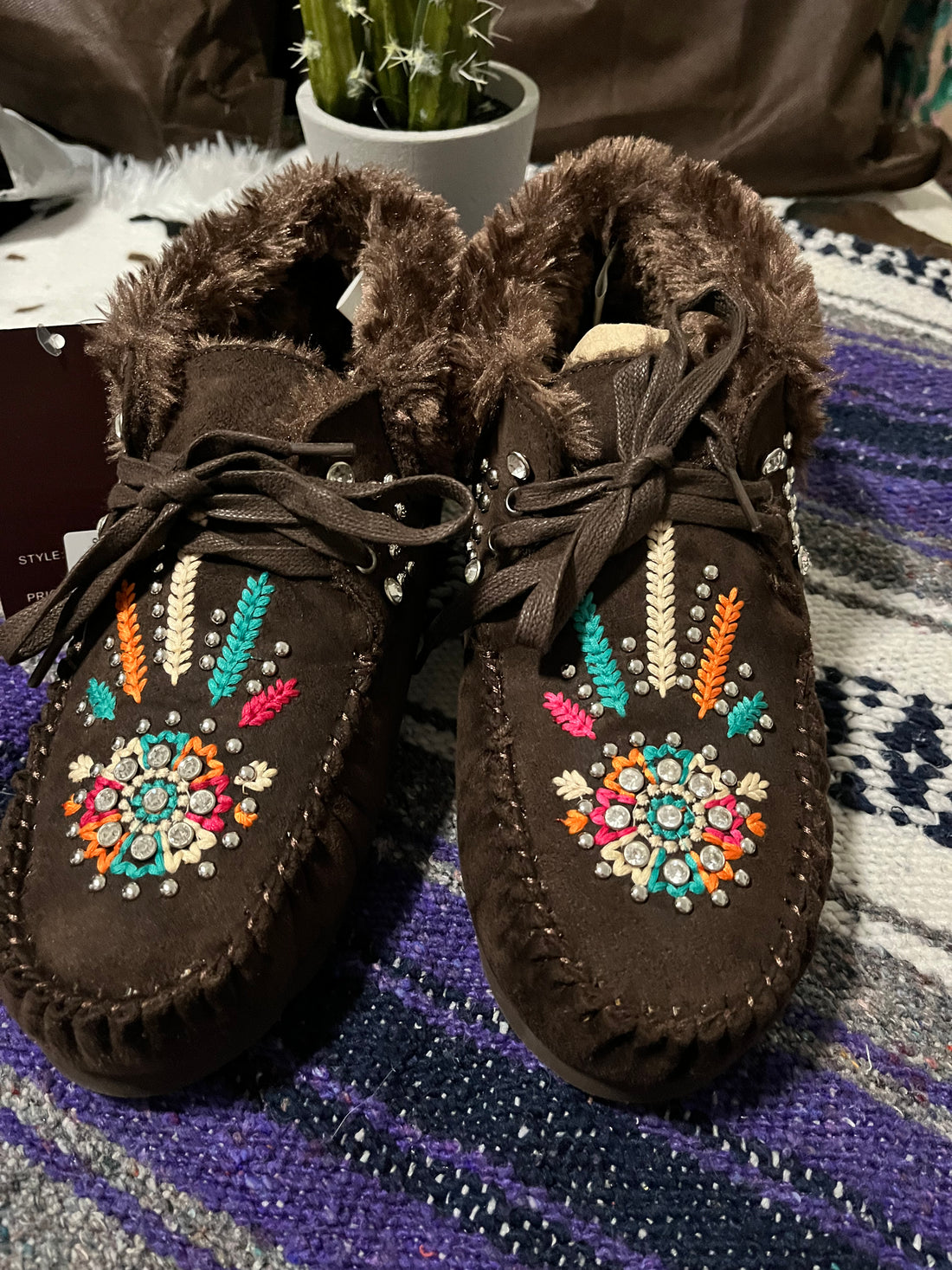 Full View-Montana West Dark Brown Lace up Suede Moccasin Booties with Flower Motif