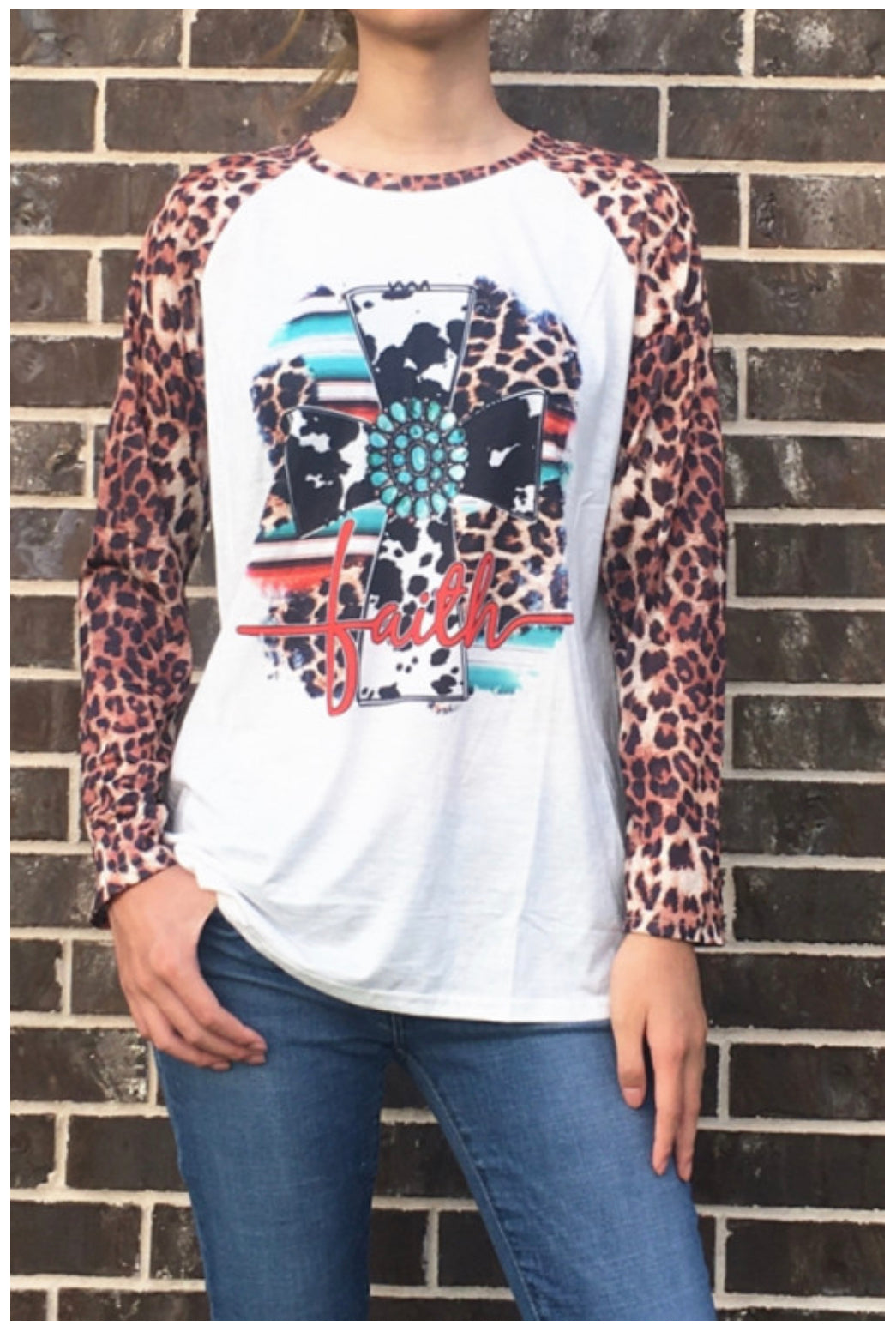 Turquoise Faith Cross With Leopard Print Long Sleeves
