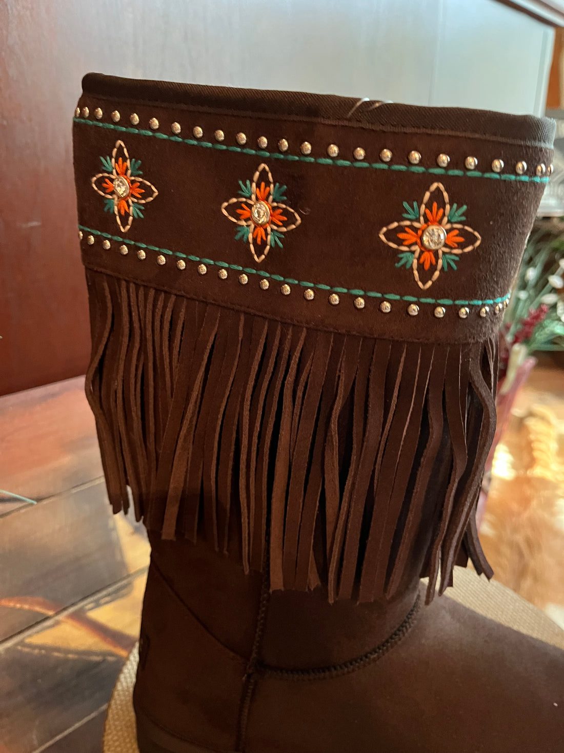 Close up View-Montana West Mid Calf Dark Brown Fur Lined Boots with Flowers and Fringe