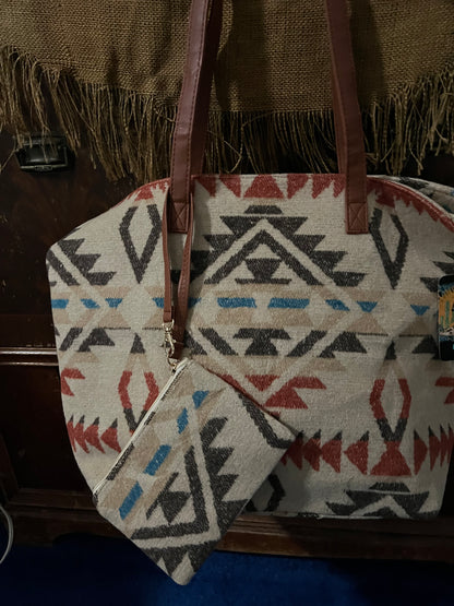 Aztec Tapestry Tote Shoulder Handbag with Small Wallet