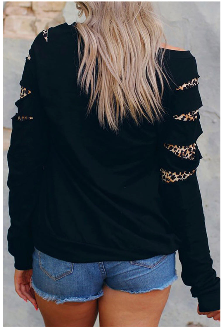 Back View-Black and Leopard Print Cut-out Aztec Sweatshirt