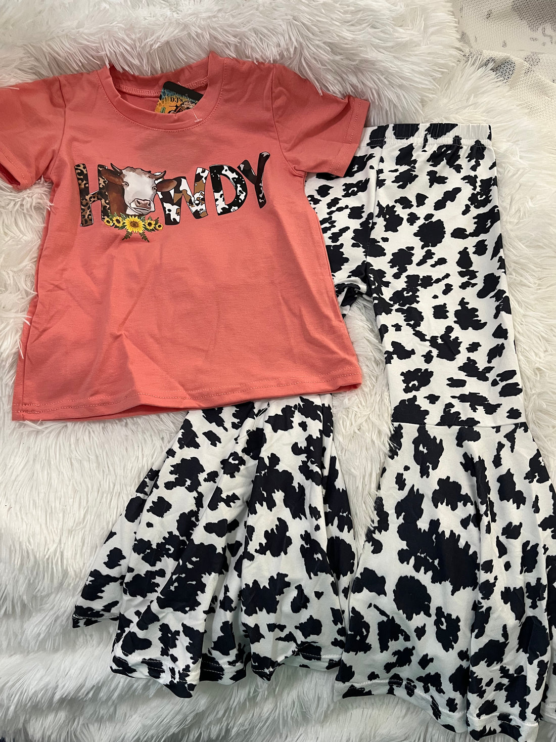 Full View-Girls Coral Howdy Cow with Sunflowers with Cow print bell bottoms