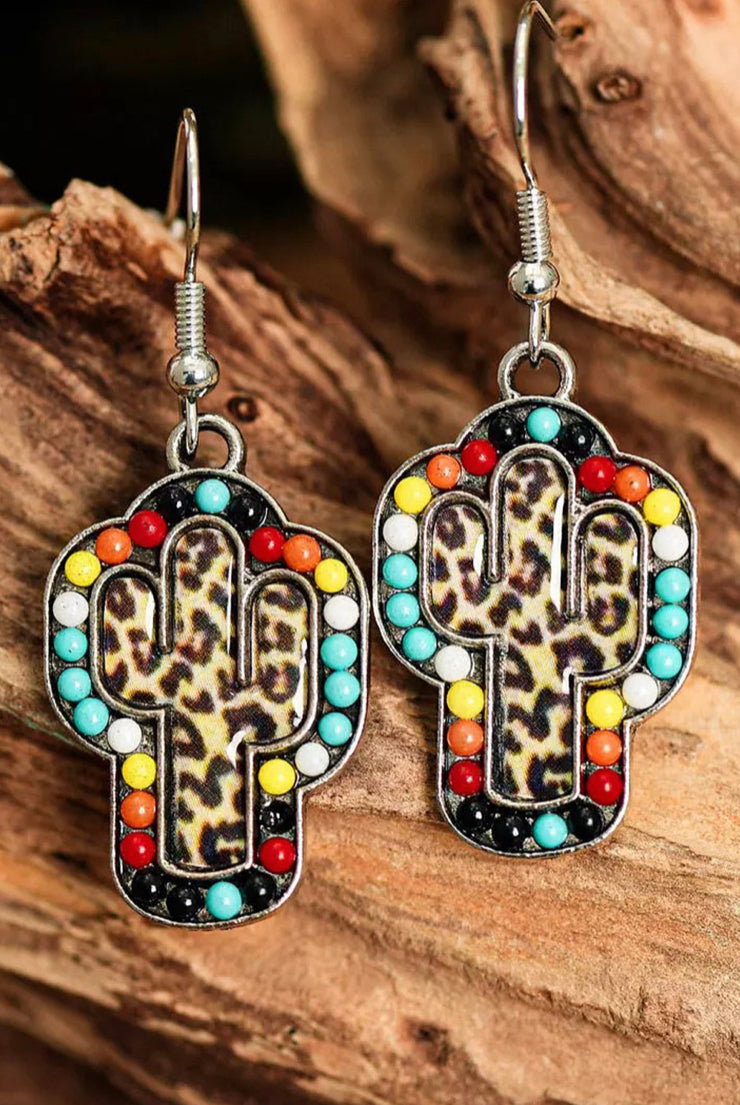 Front View- Boho Cheetah Print Cactus with Color-bead Dangle Earrings