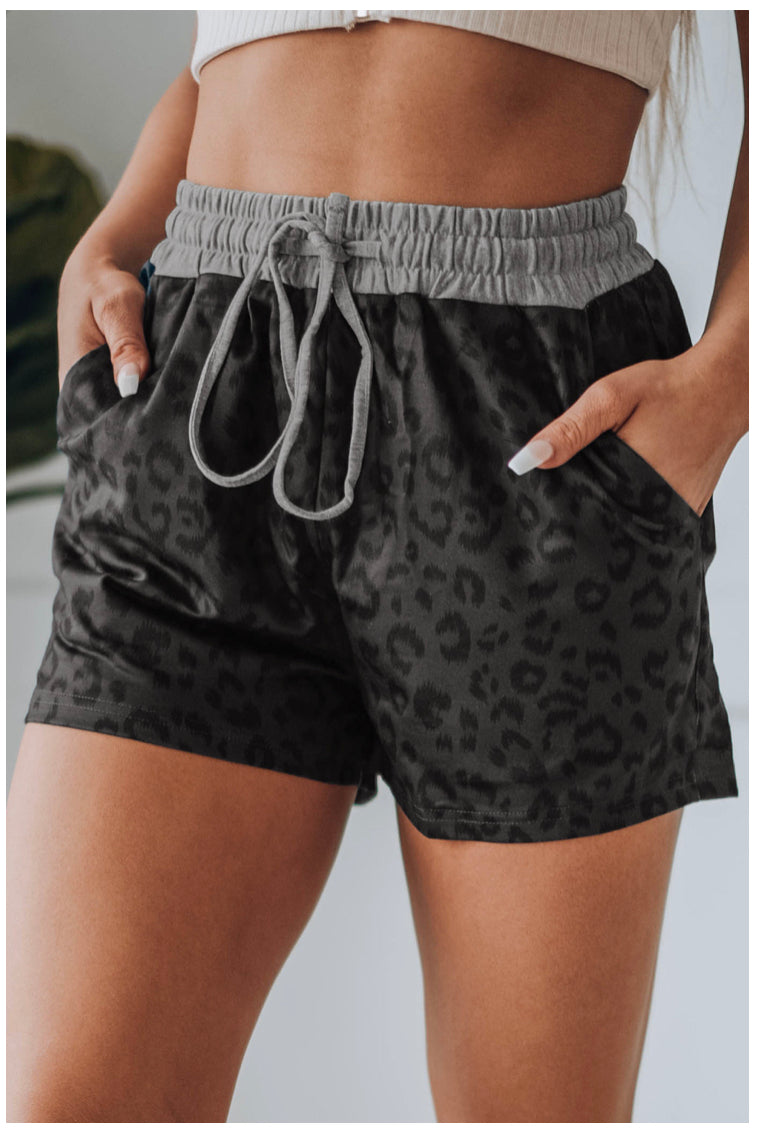 Front View-Gray &amp; Black Leopard Print Drawstring Waist Shorts