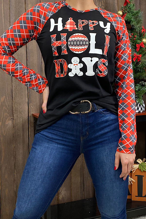 Happy Holidays Plaid Long Sleeve Shirt