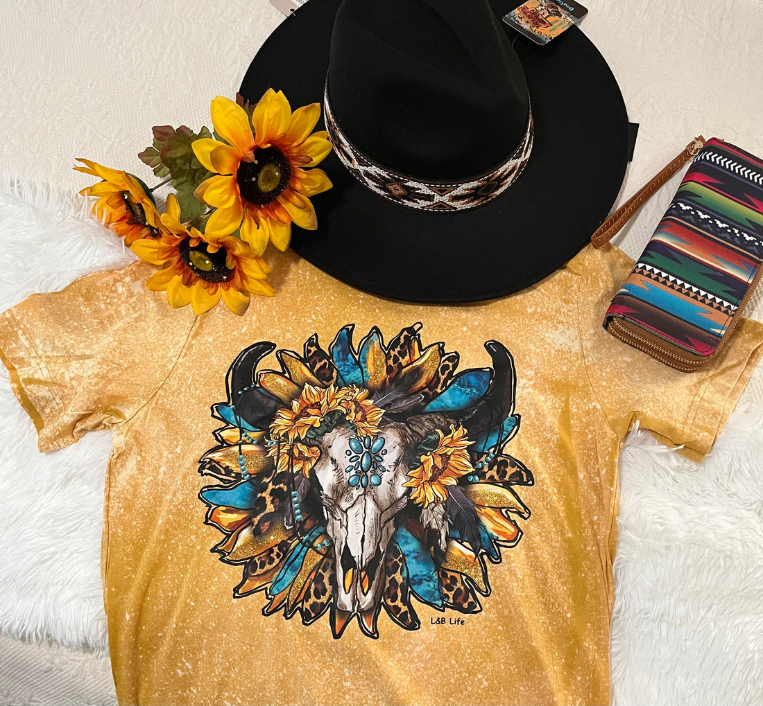 Close up view-Bull skull with Sunflowers Tee