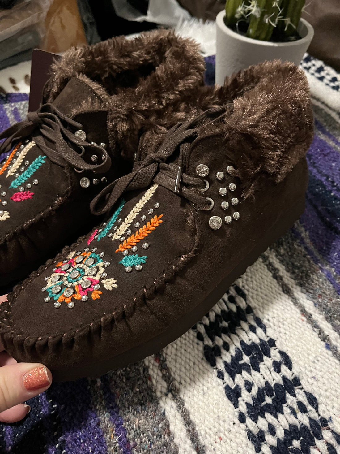 Side View-Montana West Dark Brown Lace up Suede Moccasin Booties with Flower Motif