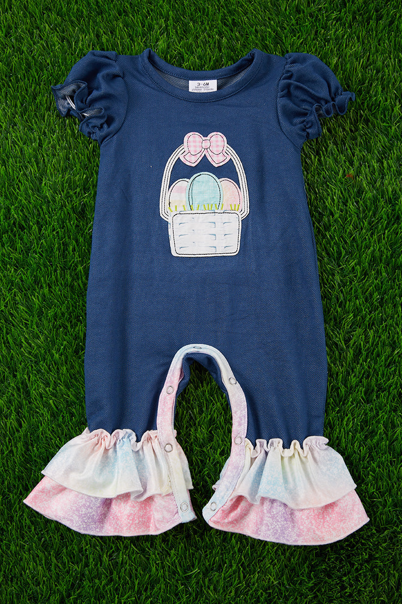 Easter Basket Navy Blue Romper with Pastel Ruffles