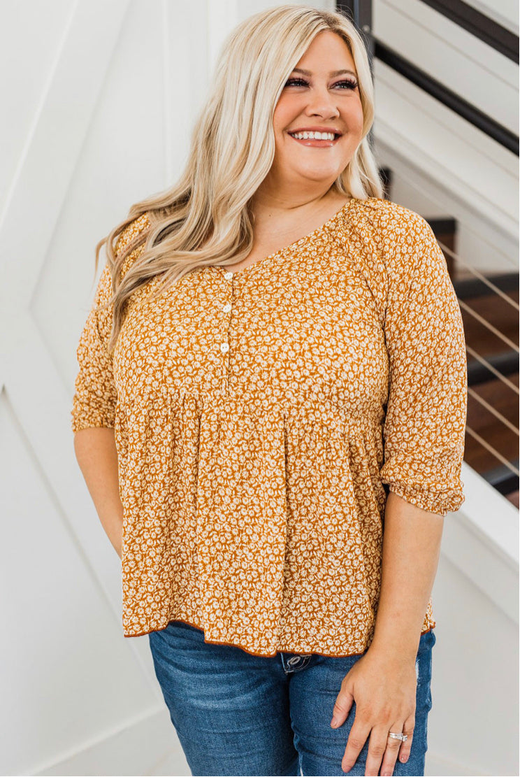 Plus Size- Mustard Floral Print Flowy Pleated Top