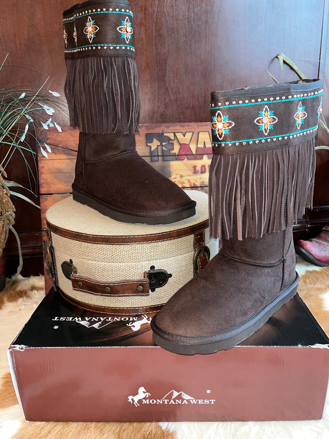 Full View-Montana West Mid Calf Dark Brown Fur Lined Boots with Flowers and Fringe