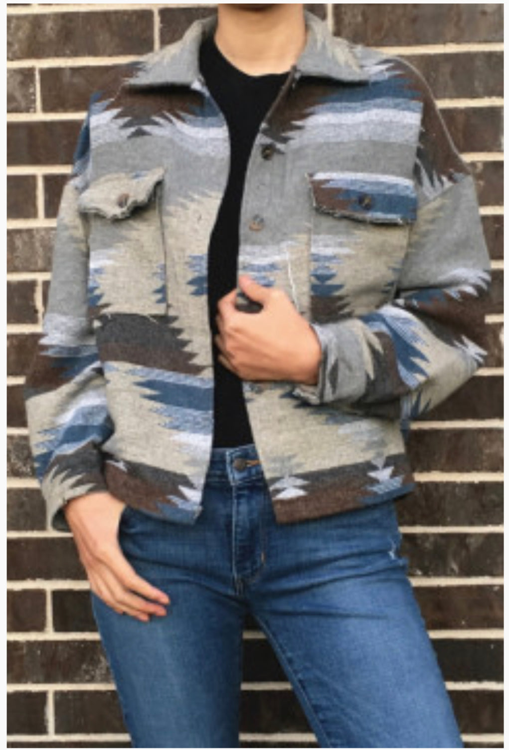 Grey Solid Aztec Print Button Jacket