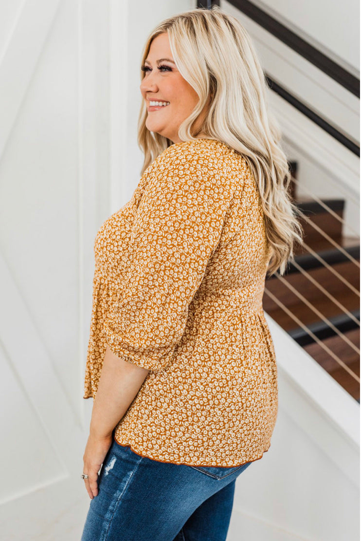 Plus Size- Mustard Floral Print Flowy Pleated Top