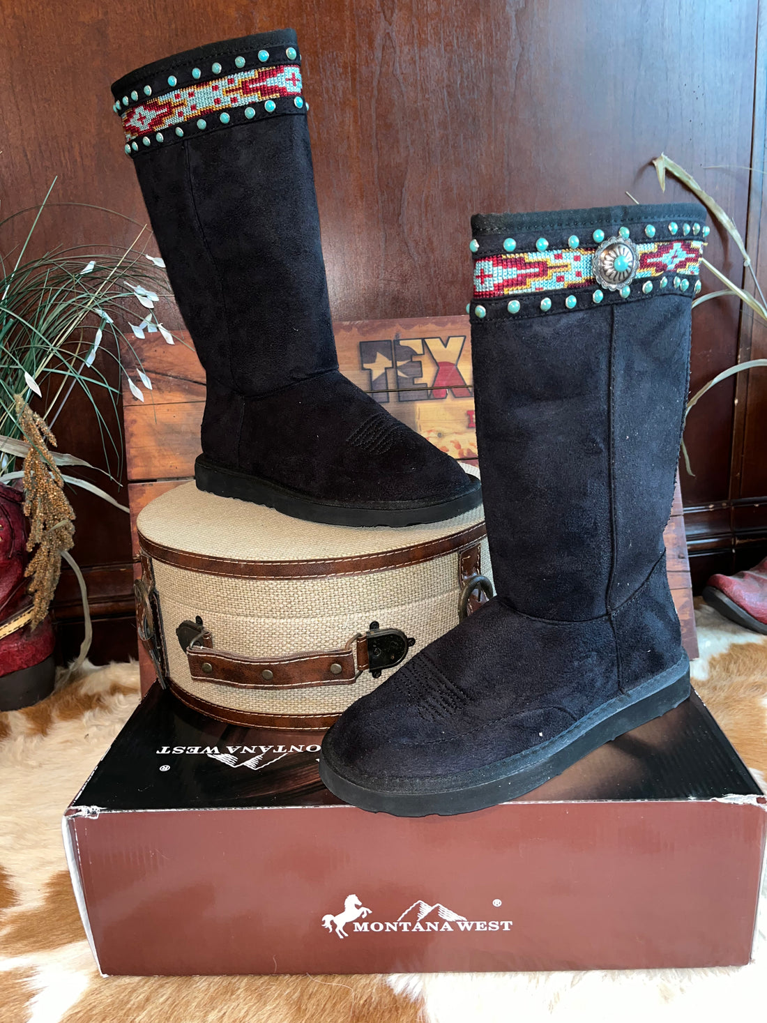 Montana West Mid Calf Black Fur Lined Boots with Aztec Tapestry and Turquoise Stones