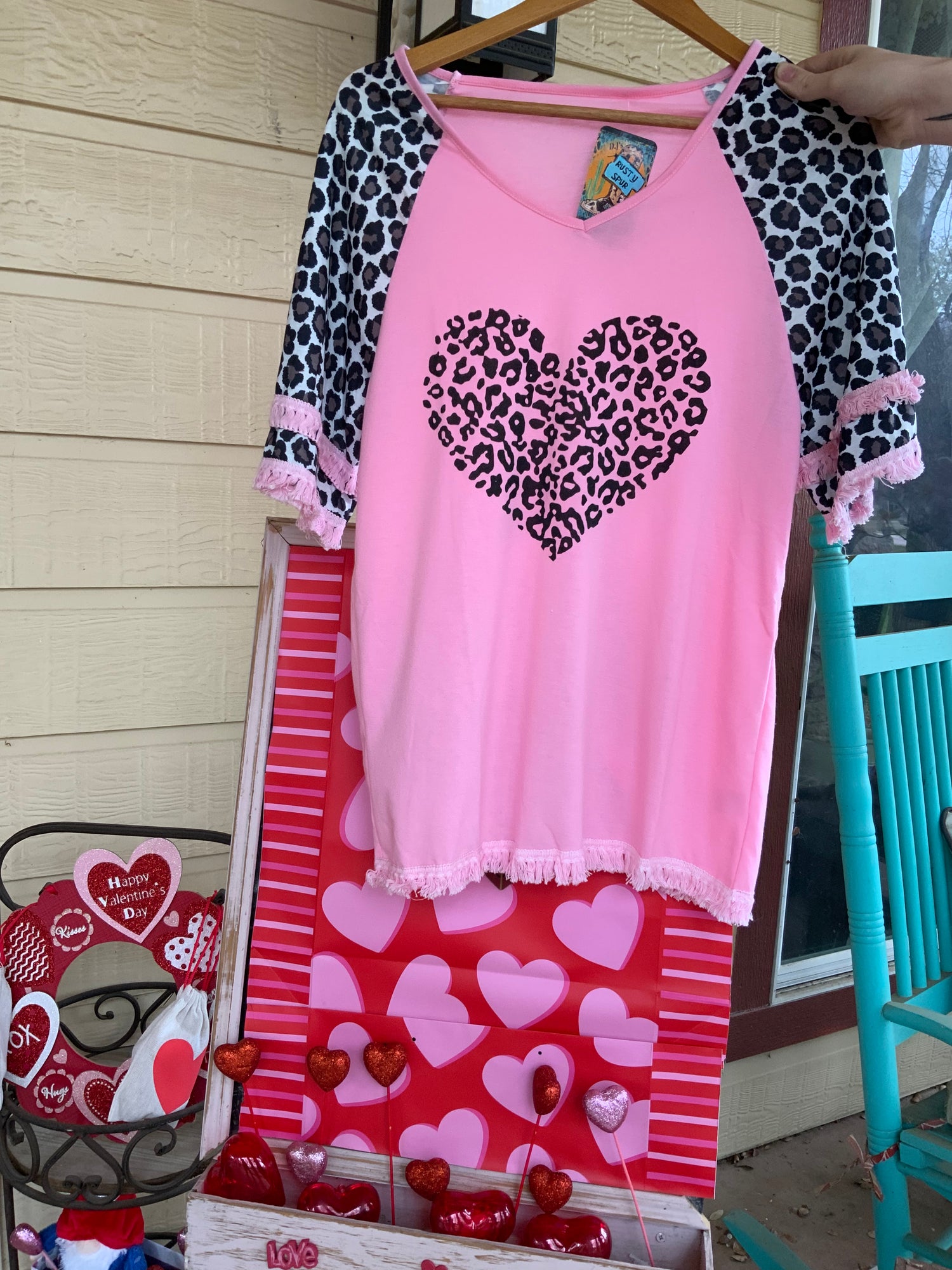 Pink &amp; Leopard Print Shirt With Leopard Heart And Fringe On Sleeves And Hem