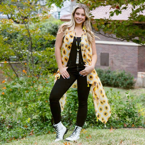 Women’s Sunshine and Rodeo Sunflower Duster Vest with Tassels