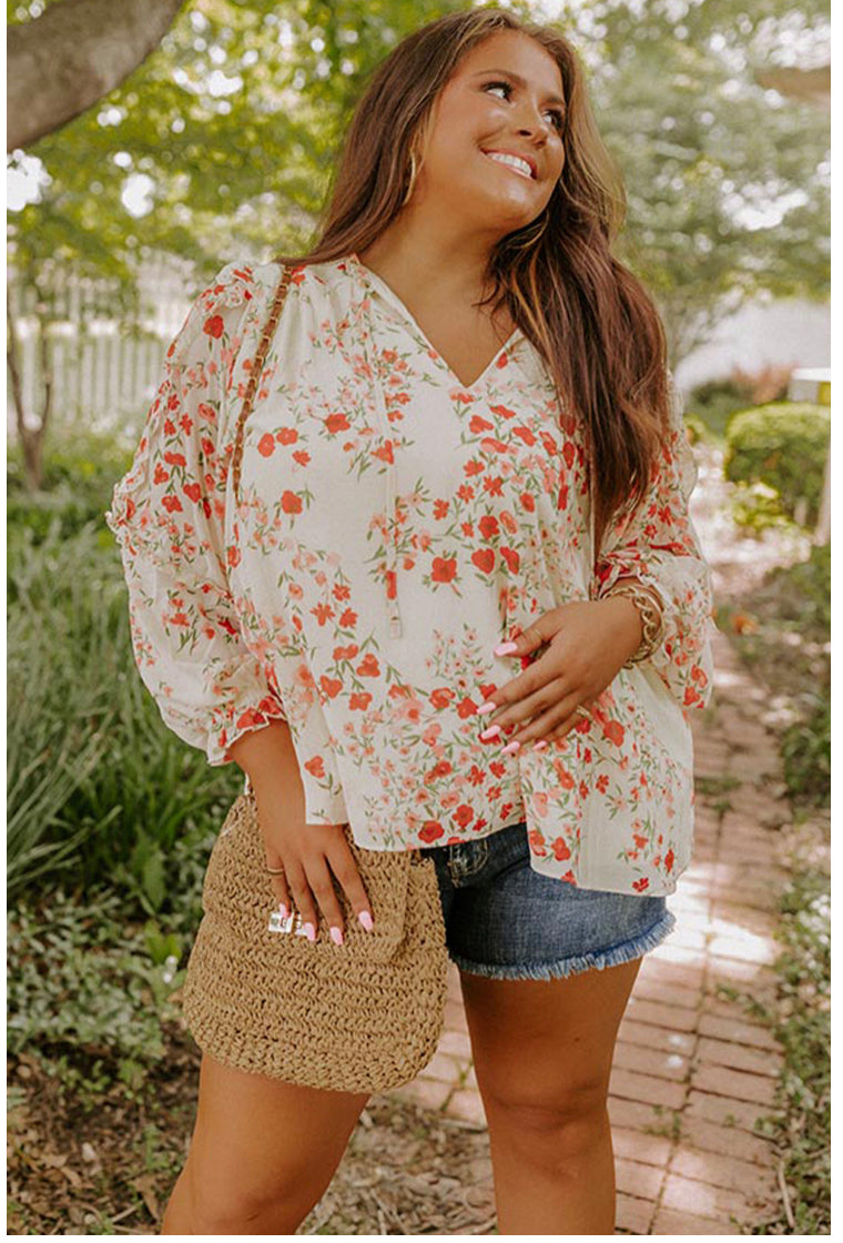Front View-Floral Print Boho V-neck with Ruffles on sleeves