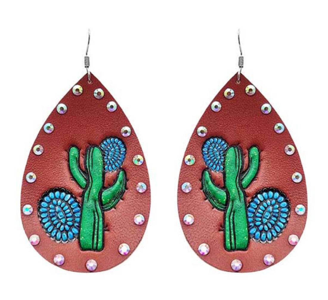 Leather Teardrop Earrings with Rhinestones and Cactus